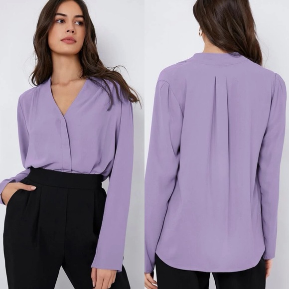 Long sleeve v neck pleated faux wrap look business casual blouse dark green - Picture 6 of 9